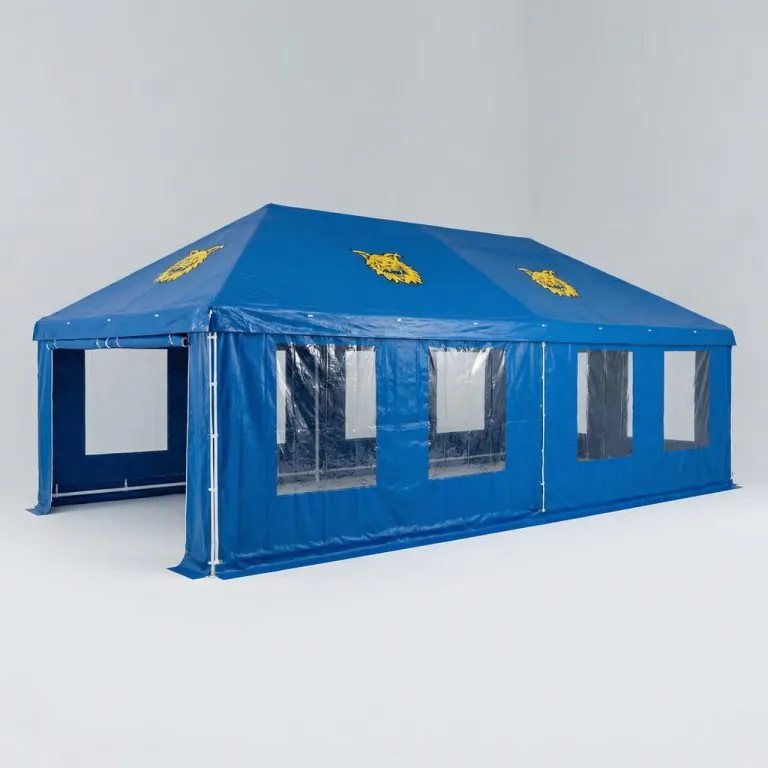 Blått paviljongtält med genomskinliga väggar och gula detaljer på taket