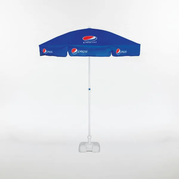 Märkes strandparasoll med logotyp — mobil reklamarasoll