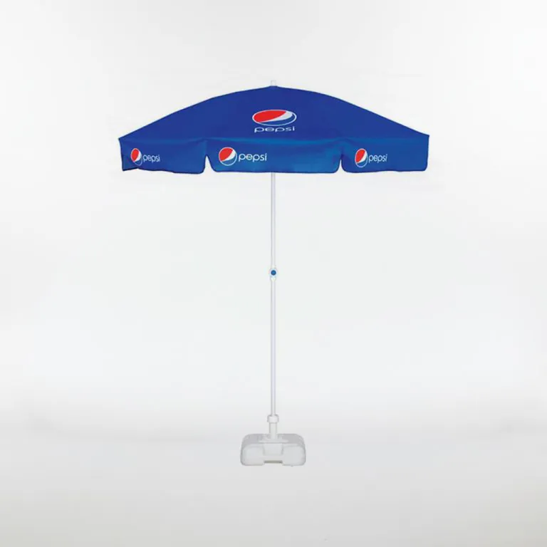 Märkes strandparasoll med logotyp — mobil reklamarasoll