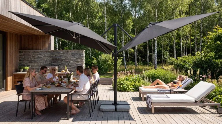 Mer skugga i sommar — parasollet byggt för nordiska terrasser