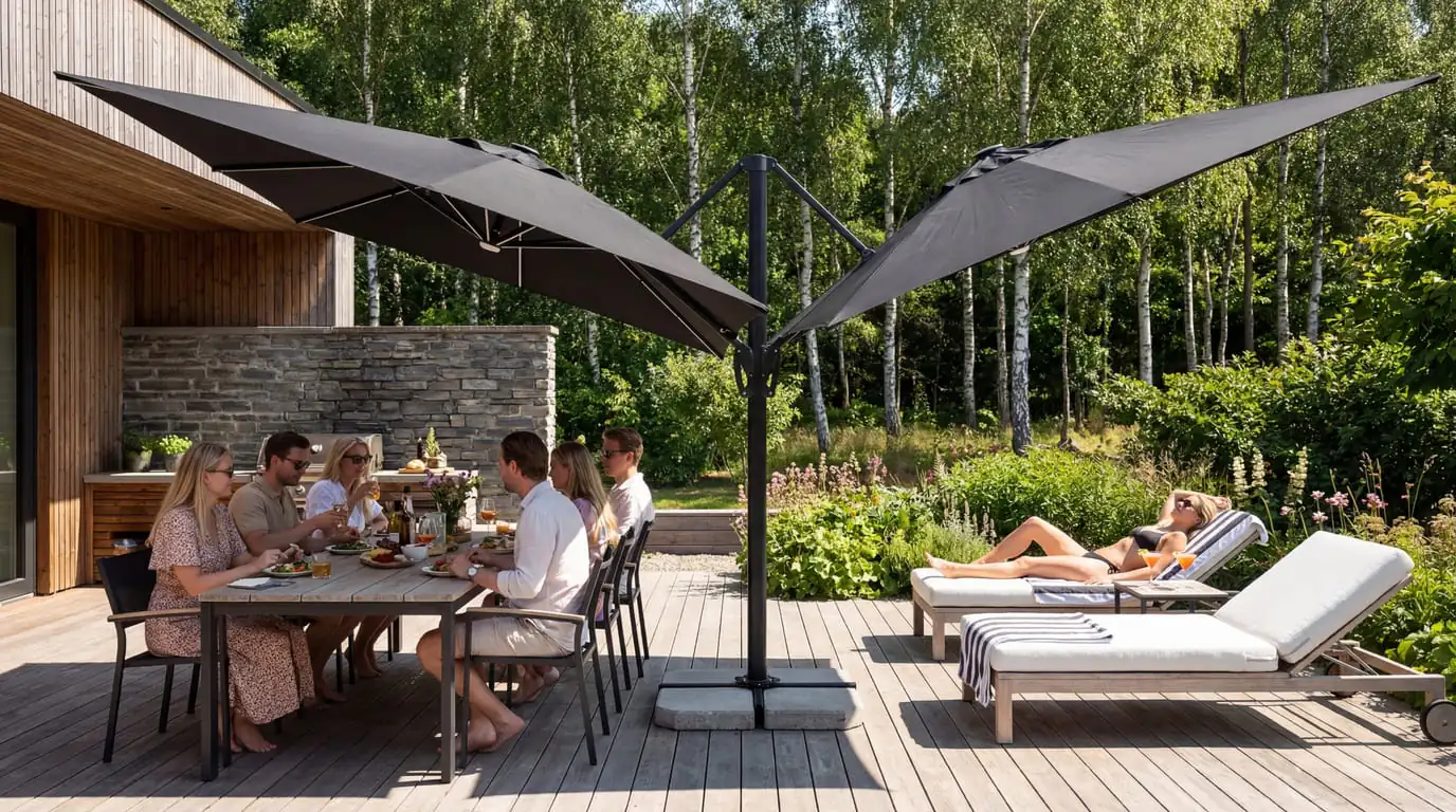 Mer skugga i sommar — parasollet byggt för nordiska terrasser 1 Terrassparasoll vid huset på terrassen